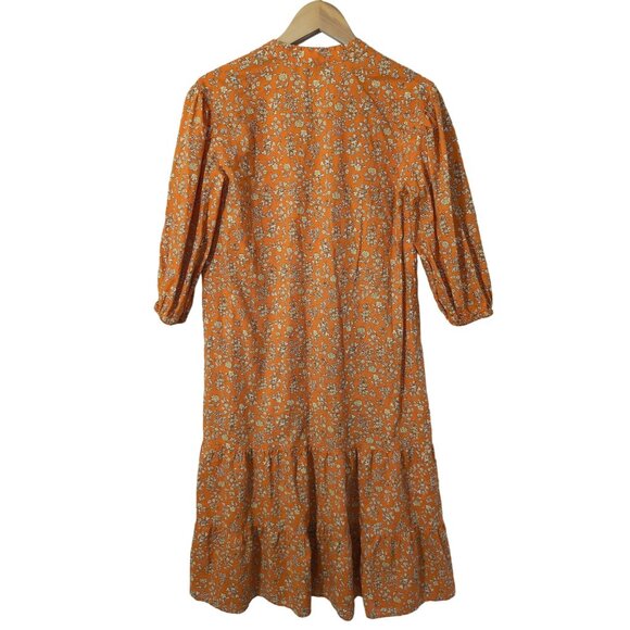 Loft Midi Dress S Petite Orange Floral Cottagecore Prairie 3/4 Sleeve V-Neck - Picture 2 of 9